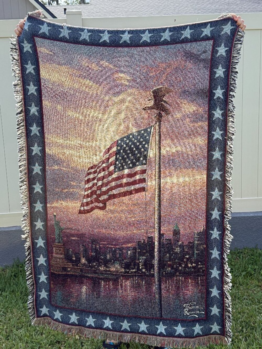 Thomas Kinkade Light Of Freedom Made in USA Patriotic Flag Tapestry Throw